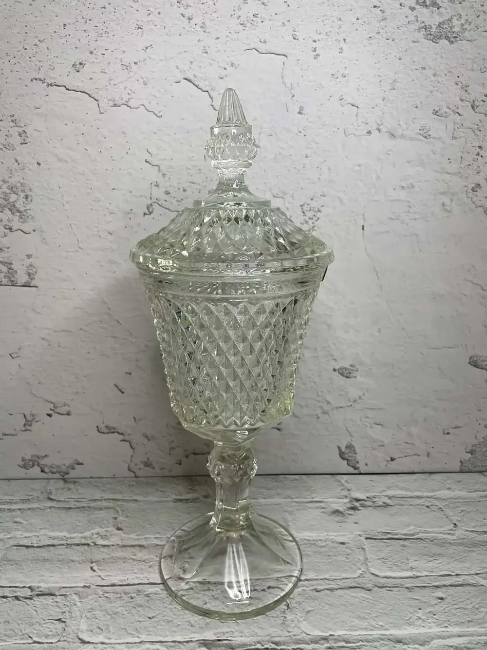 Vintage Indiana Glass Tiara Diamond Point Footed Pedestal Lidded Apothecary Jar